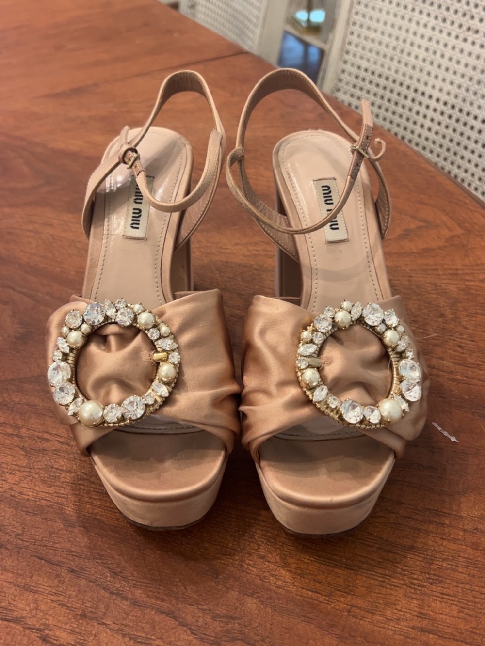 Miu Miu Champagne Satin Jewel-Embellished Platform Sandals